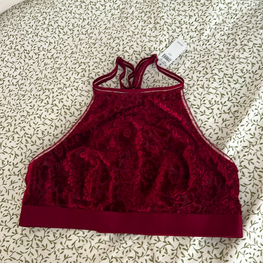 Aerie Deep Burgundy Velvet Halter Bralette NWT